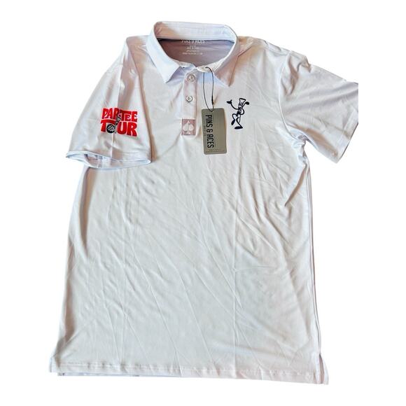 New With Tags Pins and Aces “Partee” Mens M White Golf Polo. Performance wicking - Picture 5 of 12